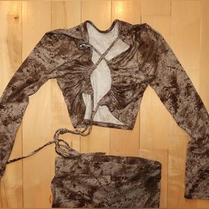 Stylish Brown Tie-Dye Crop Top and Skirt Set